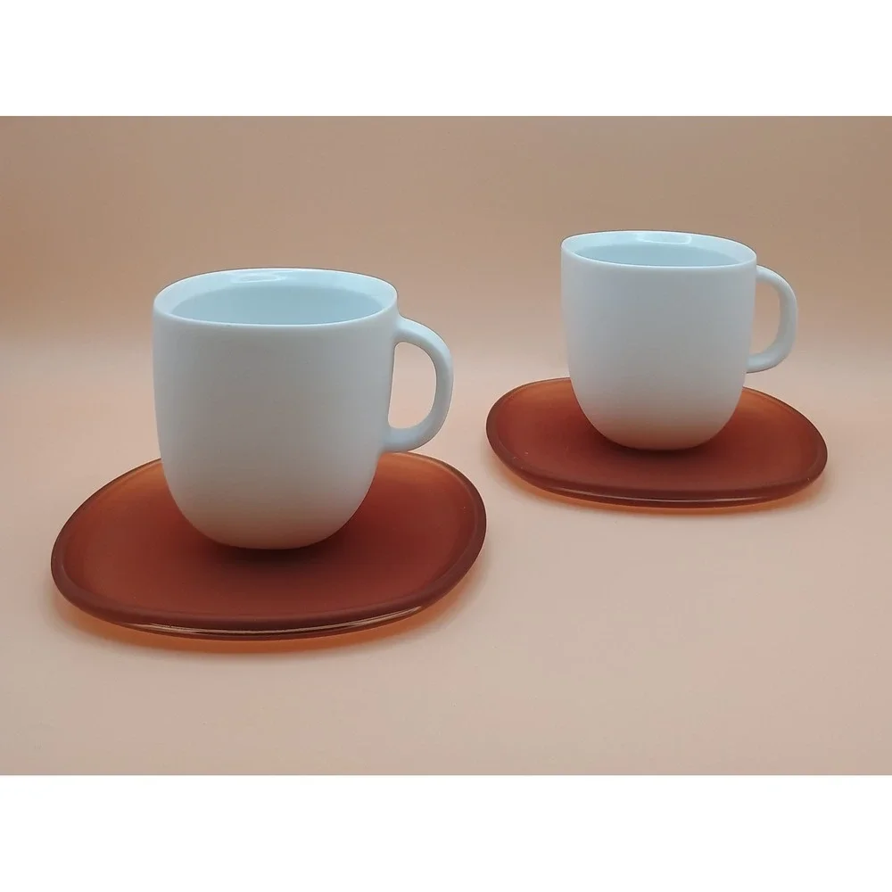 Modern‎ Matte White Espresso Cup and Amber Frosted Glass Saucer Set of 2